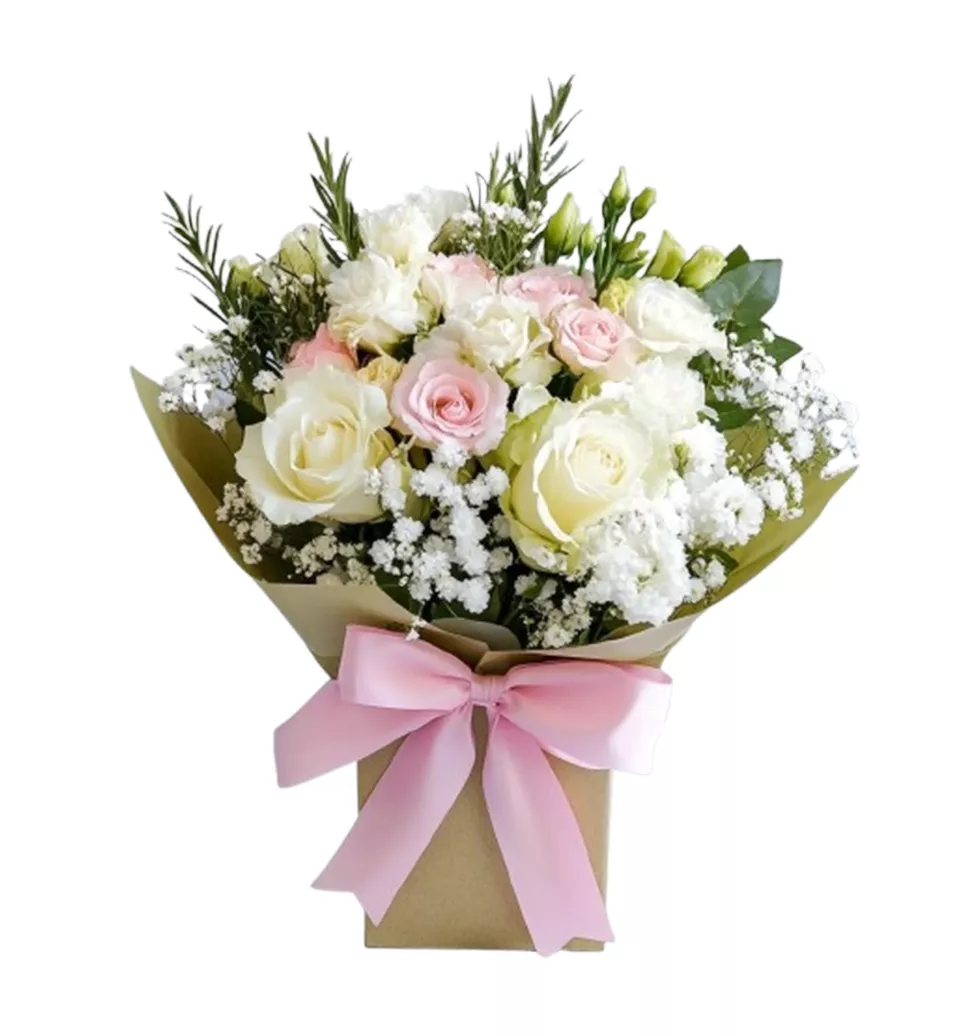 Lovely White Bouquet with Pink Bow