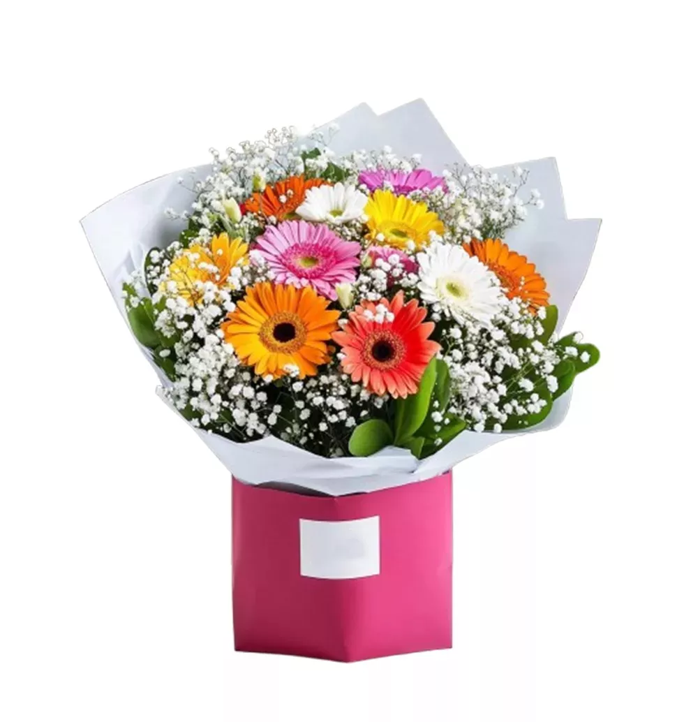 Cheerful Bouquet of Gerberas & Gypsophila